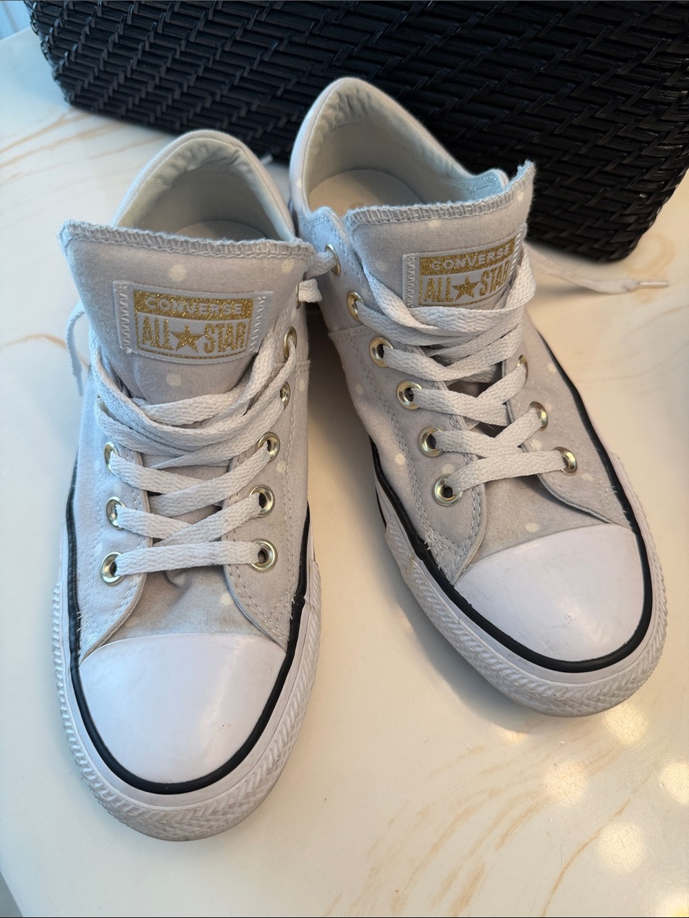 Converse White Canvas Low Top Sneakers with Gold Accents